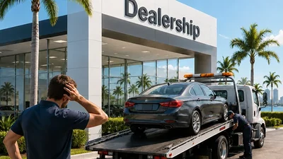 A car being towed to a dealership