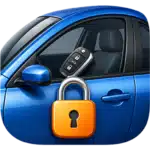 Blue car with a bright orange padlock icon over the door and a key fob in the window, signaling car security or locked access.