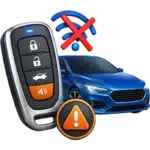 Blue car beside a key fob with lock/unlock buttons and a warning badge, signaling car security/anti-theft alert.