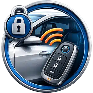 Car key fob with padlock icons inside a blue circular badge, suggesting car security or keyless entry.