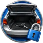 Open car trunk with keys inside; blue padlock icon indicates trunk security.