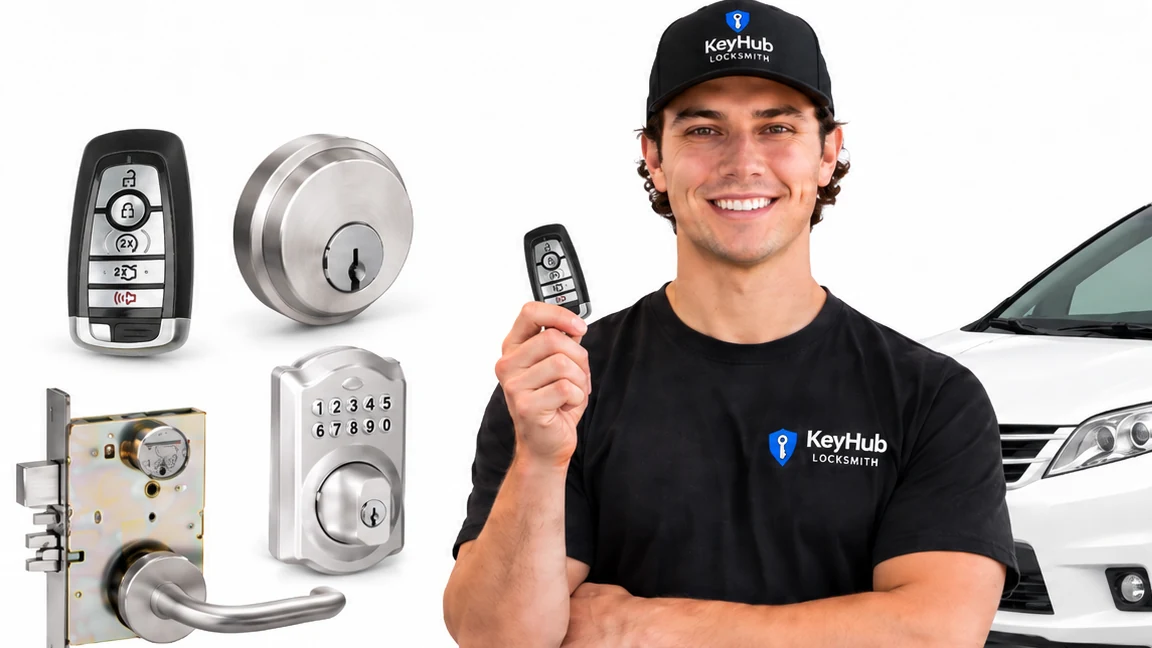 Door locks, a deadbolt and a KeyHub Locksmith technician