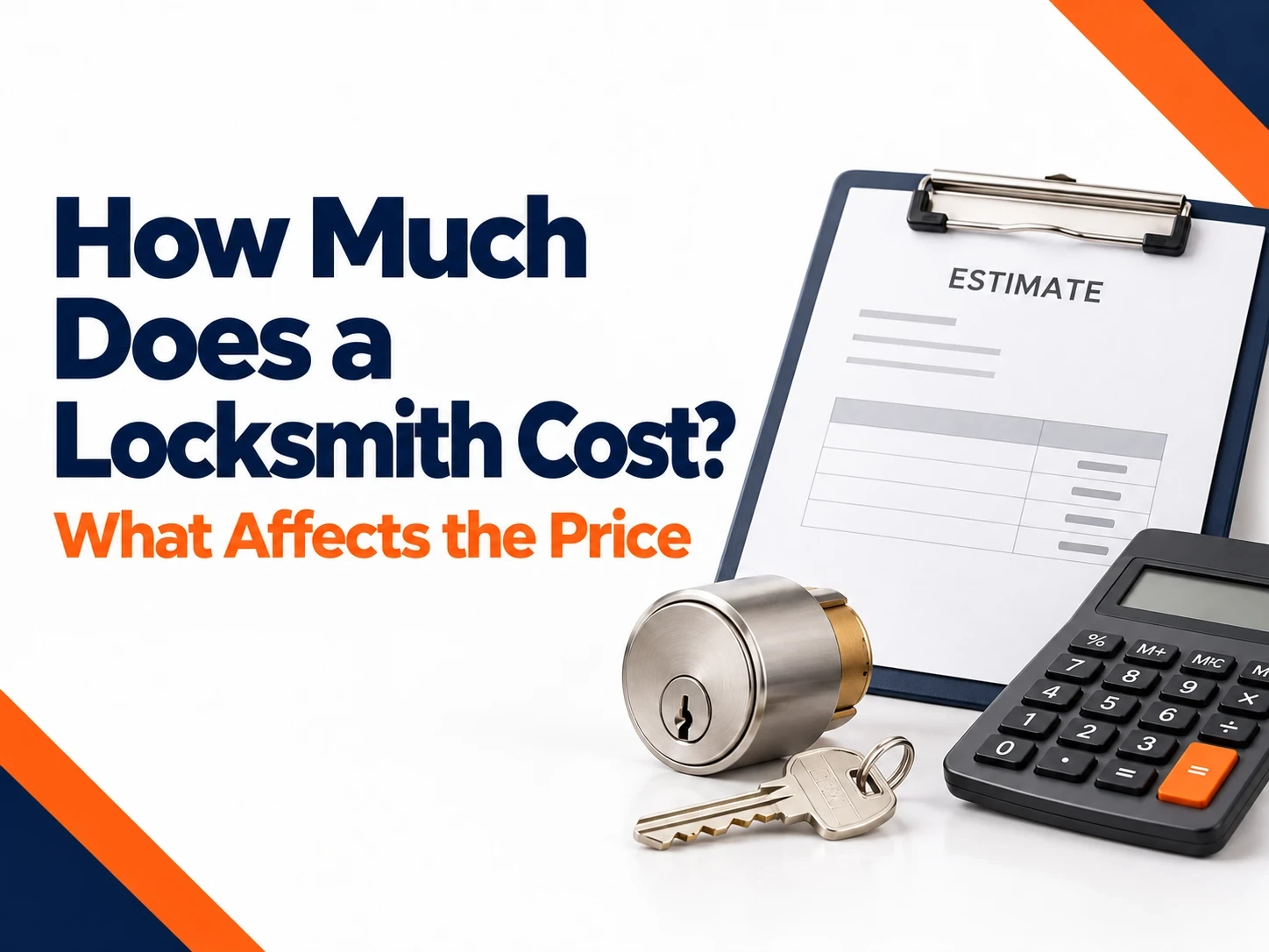 How much does a locksmith cost: an estimate on a clipboard, a lock cylinder, a key and a calculator