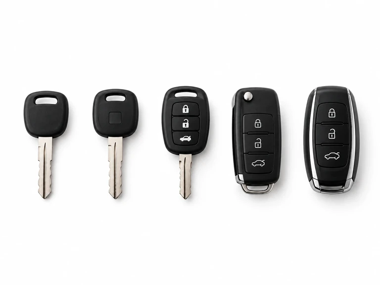 Five types of car keys side by side, from a basic metal key to a smart key